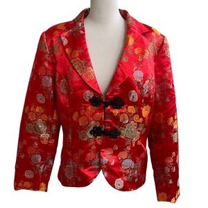 Boston Proper Red Floral Brocade Blazer Jacket Mandarin Frog Closure Women's 12